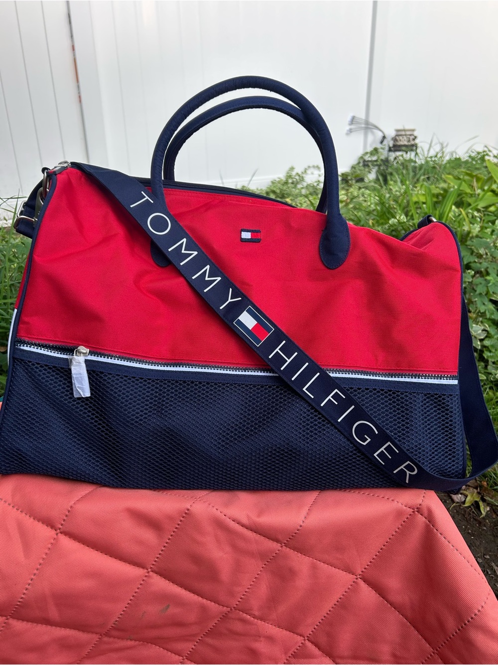 Tommy Hilfiger Red and Navy Logo Strap Duffel Bag